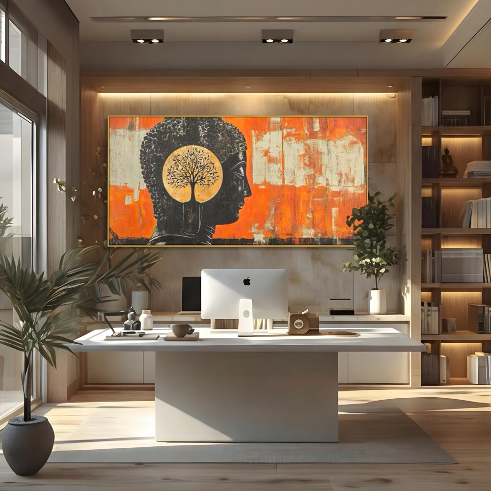Tablou canvas cu tablou canvas cu profilul lui buddha, in rama de aluminiu auriu, pe perete intr-un birou